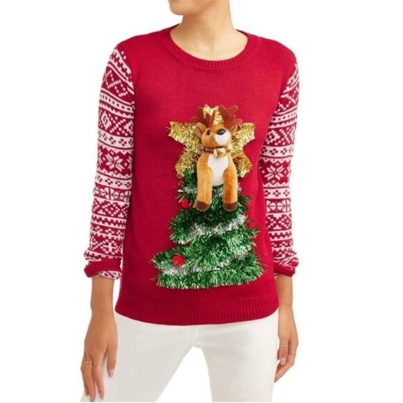 No Boundaries Red Crew Neck Sweater size XS Tinsel Reindeer Ugly Christmas Knit - Picture 1 of 12